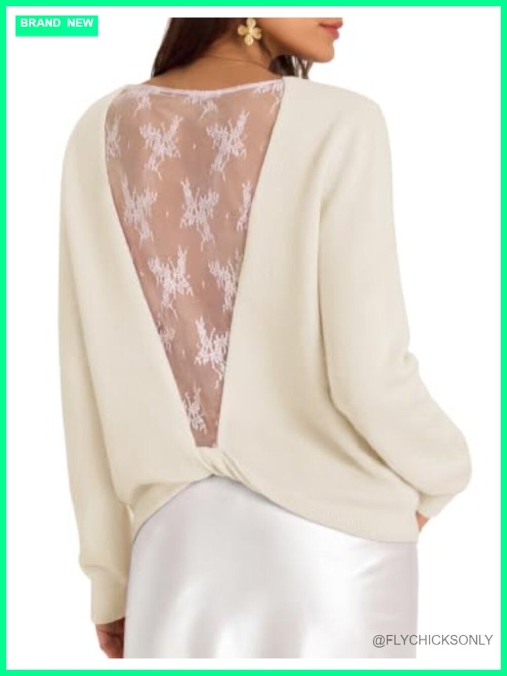 Lace Back Long Sleeve Knit Sweater Pullover Crew Neck Twist Knot Detail